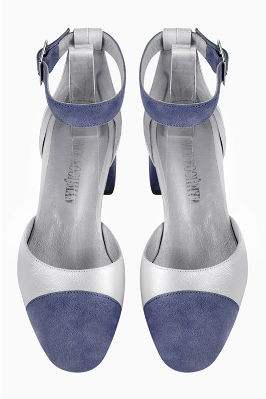 Prussian blue and light silver women's open side shoes, with a strap around the ankle. Round toe. Low flare heels. Top view - Florence KOOIJMAN